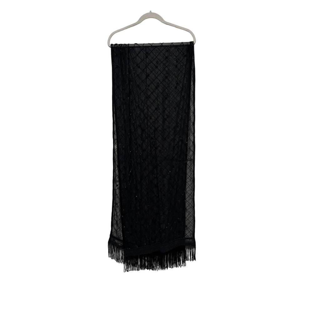 Black Sheer Beaded Evening Shawl with Fringe